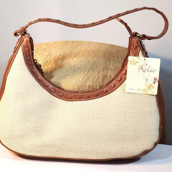Relic Handbags - Relic Cream Woven Hobo Handbag With Brown Leather Decorative Straps. New Tags.